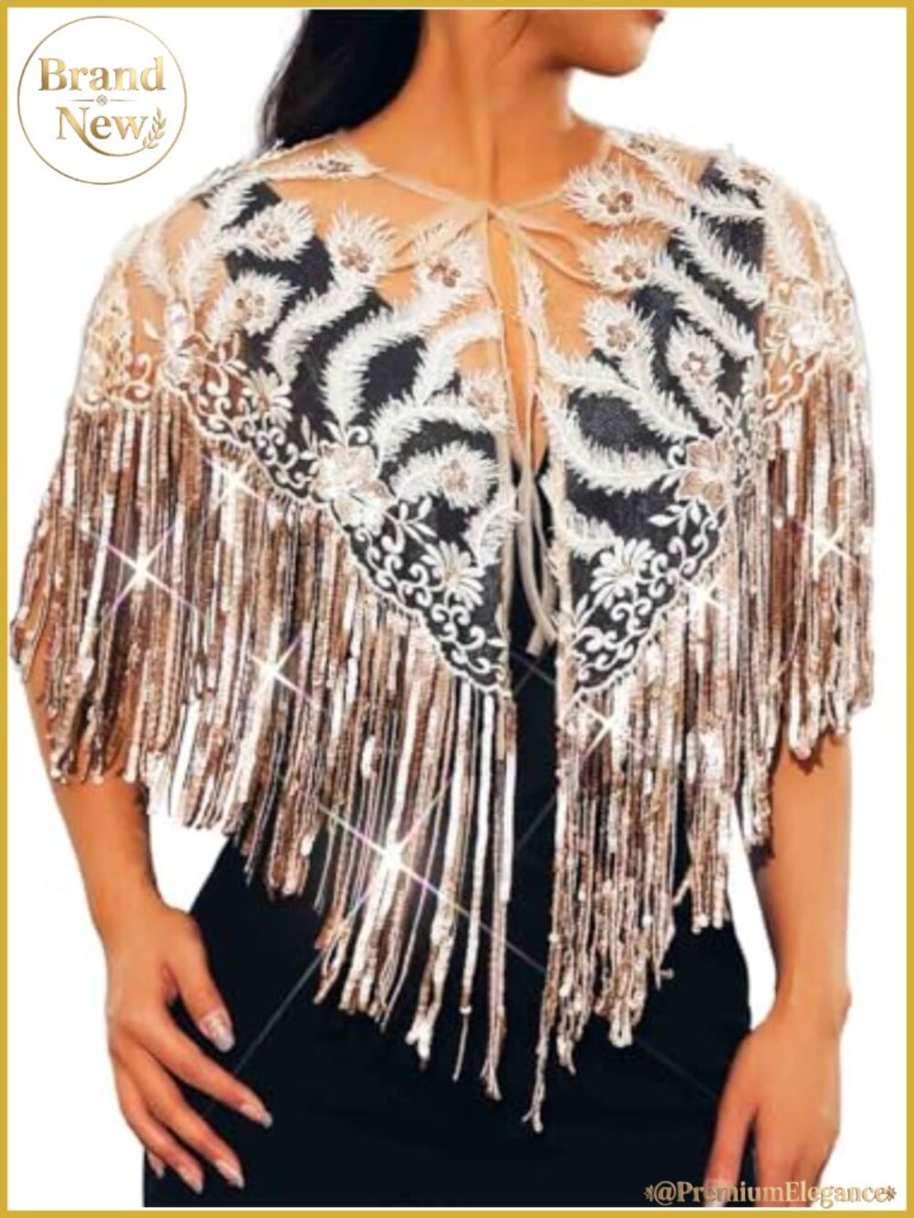 JAKAWIN Sequin Fringe Cape Lace Floral Shawl Wrap Women Formal One Size